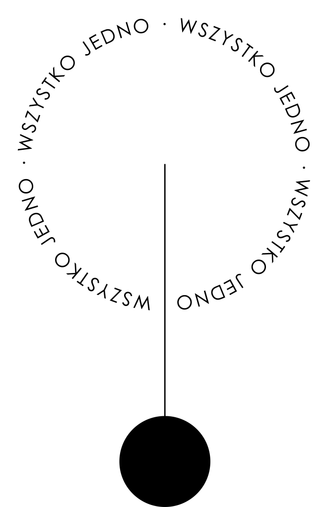 Logo design featuring a vertical line with a circle at the bottom, surrounded by text in Polish that reads 'wszystko jedno' repeated in a circular pattern.